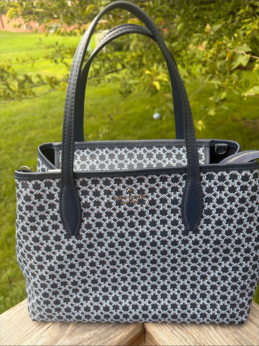 Kate Spade, New York Link Navy Patterned Tote Bag with Navy